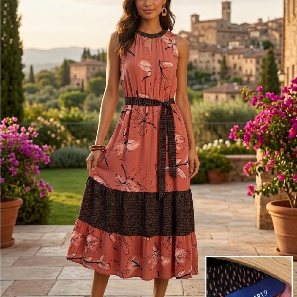 Apt. 9 Rust Floral Sleeveless Midi Dress with Black Accents